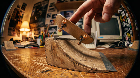 Vídeo de fingerboard grabado con lente ojo de pez para móvil, efecto fisheye sobre una rampa
