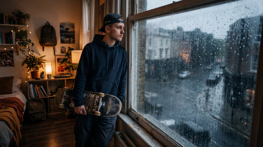 Skater joven mirando la lluvia por la ventana con su tabla de skate en la mano
