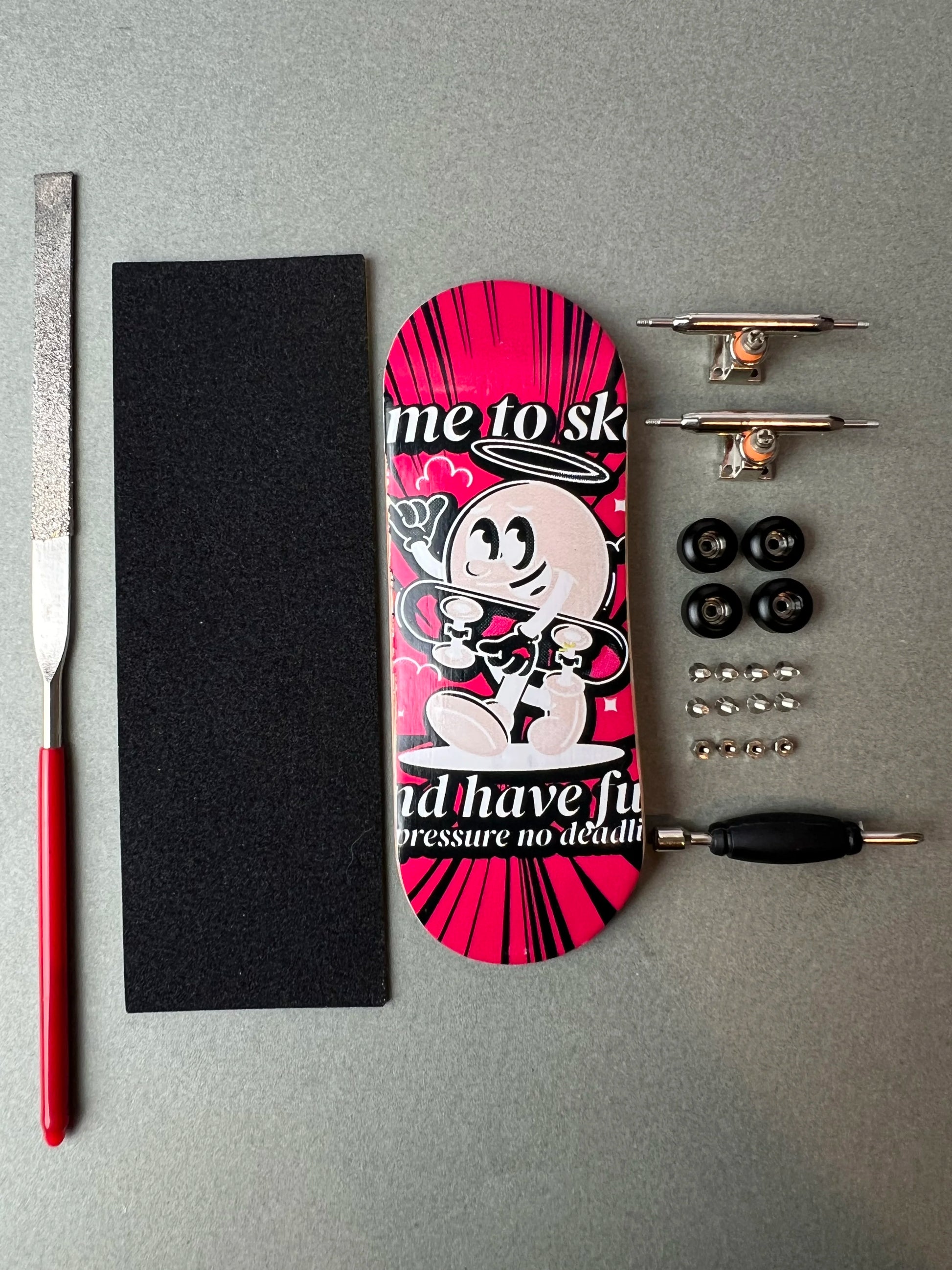Passion Deck de Finger3flip, fingerboard Pro de 34 mm, detalle de la tabla montada